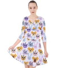 Funny Animal Faces With Glasses On A White Background Quarter Sleeve Front Wrap Dress by SychEva
