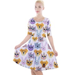 Funny Animal Faces With Glasses On A White Background Quarter Sleeve A-line Dress by SychEva