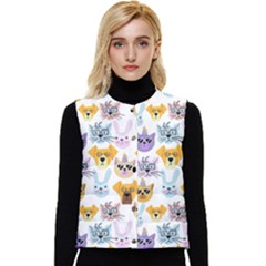 Funny Animal Faces With Glasses On A White Background Women s Short Button Up Puffer Vest by SychEva