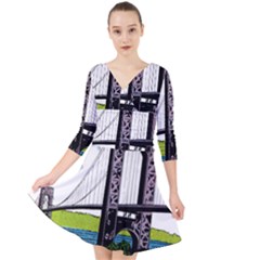 Bridge-vintage-clip-art-color Quarter Sleeve Front Wrap Dress by Sudhe