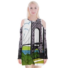 Bridge-vintage-clip-art-color Velvet Long Sleeve Shoulder Cutout Dress by Sudhe
