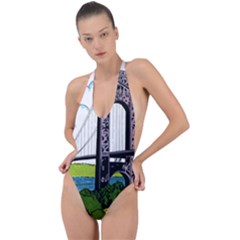 Bridge-vintage-clip-art-color Backless Halter One Piece Swimsuit by Sudhe