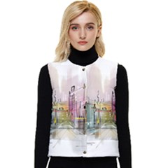 Drawing-watercolor-painting-city Women s Short Button Up Puffer Vest