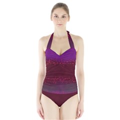 Red Splashes On Purple Background Halter Swimsuit by SychEva