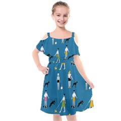 Girls Walk With Their Dogs Kids  Cut Out Shoulders Chiffon Dress by SychEva