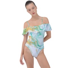 Green And Orange Alcohol Ink Frill Detail One Piece Swimsuit by Dazzleway