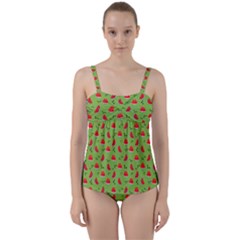Juicy Slices Of Watermelon On A Green Background Twist Front Tankini Set by SychEva
