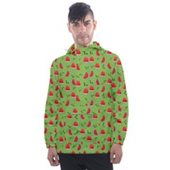 Juicy Slices Of Watermelon On A Green Background Men s Front Pocket Pullover Windbreaker by SychEva