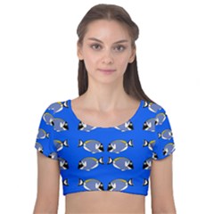 Powder Blue Tang Print Velvet Short Sleeve Crop Top  by Kritter