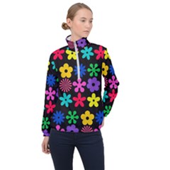 Colorful Flowers On A Black Background Pattern                                                            Women Half Zip Windbreaker