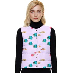 Marine Fish Multicolored On A Pink Background Women s Short Button Up Puffer Vest by SychEva