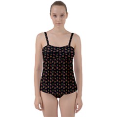 Cute Deer Pattern Black Twist Front Tankini Set