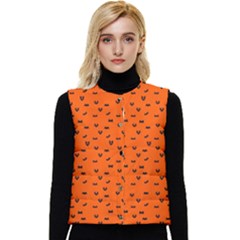 Halloween, Black Bats Pattern On Orange Women s Short Button Up Puffer Vest