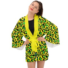 Yellow And Green, Neon Leopard Spots Pattern Long Sleeve Kimono by Casemiro