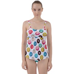 Delicious Multicolored Donuts On White Background Twist Front Tankini Set by SychEva