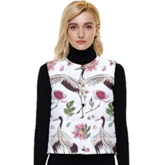 Crane Bird Floral Pattern Women s Short Button Up Puffer Vest by coxoas