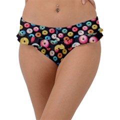 Multicolored Donuts On A Black Background Frill Bikini Bottom by SychEva