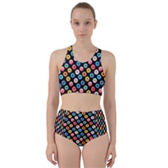 Multicolored Donuts On A Black Background Racer Back Bikini Set by SychEva