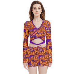 Purple And Orange Pumpkins, Crazy Halloween Pattern, Jack O  Lantern Velvet Wrap Crop Top And Shorts Set by Casemiro
