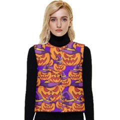 Purple And Orange Pumpkins, Crazy Halloween Pattern, Jack O  Lantern Women s Short Button Up Puffer Vest by Casemiro