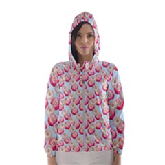Pink And White Donuts On Blue Women s Hooded Windbreaker by SychEva