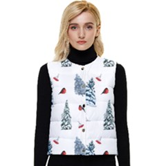 Christmas Trees And Bullfinches Women s Short Button Up Puffer Vest