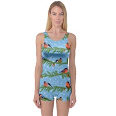 Bullfinches On Spruce Branches One Piece Boyleg Swimsuit by SychEva