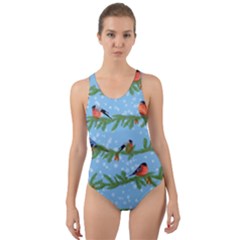 Bullfinches On Spruce Branches Cut-out Back One Piece Swimsuit by SychEva