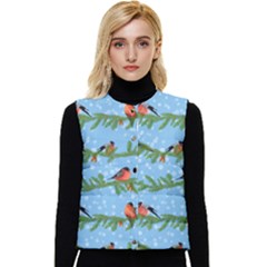 Bullfinches On Spruce Branches Women s Short Button Up Puffer Vest by SychEva