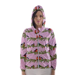 Bullfinches Sit On Branches On A Pink Background Women s Hooded Windbreaker by SychEva