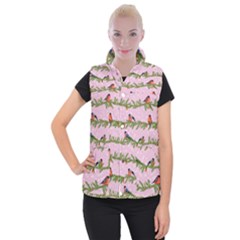 Bullfinches Sit On Branches On A Pink Background Women s Button Up Vest by SychEva