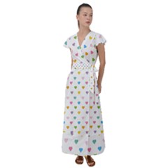 Small Multicolored Hearts Flutter Sleeve Maxi Dress by SychEva