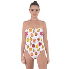 Watercolor Autumn Leaves Tie Back One Piece Swimsuit by SychEva