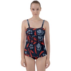 Folk Flowers Print Floral Pattern Ethnic Art Twist Front Tankini Set by Eskimos