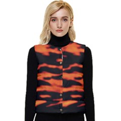 Red  Waves Abstract Series No9 Women s Short Button Up Puffer Vest