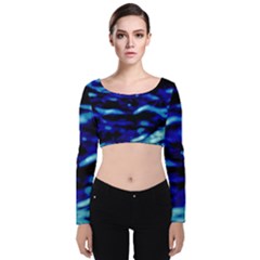 Blue Waves Abstract Series No8 Velvet Long Sleeve Crop Top by DimitriosArt