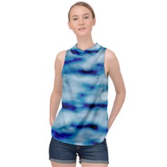Blue Waves Abstract Series No5 High Neck Satin Top by DimitriosArt