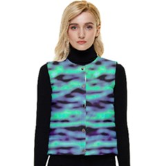 Green  Waves Abstract Series No6 Women s Short Button Up Puffer Vest by DimitriosArt