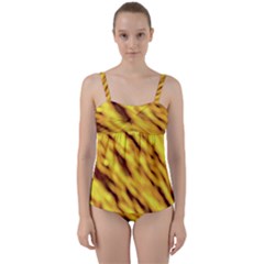 Yellow  Waves Abstract Series No8 Twist Front Tankini Set by DimitriosArt
