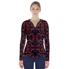 Floral Folk Damask Pattern Fantasy Flowers Floral Geometric Fantasy V-neck Long Sleeve Top by Eskimos