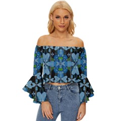Rare Excotic Blue Flowers In The Forest Of Calm And Peace Off Shoulder Flutter Bell Sleeve Top by pepitasart