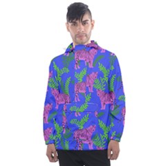 Pink Tigers On A Blue Background Men s Front Pocket Pullover Windbreaker by SychEva