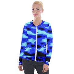 Blue Waves Abstract Series No11 Velvet Zip Up Jacket by DimitriosArt