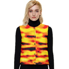 Red  Waves Abstract Series No16 Women s Short Button Up Puffer Vest by DimitriosArt