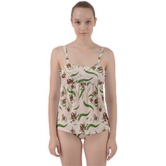 Folk Flowers Print Floral Pattern Ethnic Art Twist Front Tankini Set by Eskimos