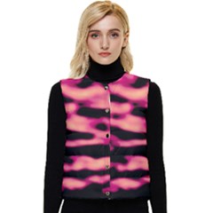 Pink  Waves Abstract Series No2 Women s Short Button Up Puffer Vest by DimitriosArt