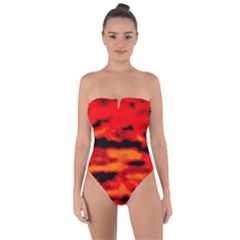 Red  Waves Abstract Series No16 Tie Back One Piece Swimsuit by DimitriosArt