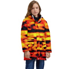 Red  Waves Abstract Series No18 Kid s Hooded Longline Puffer Jacket by DimitriosArt
