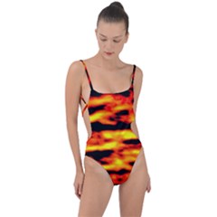 Red  Waves Abstract Series No18 Tie Strap One Piece Swimsuit by DimitriosArt