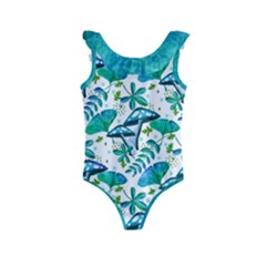 Autumn Mushrooms Blue Kids  Frill Swimsuit by VeataAtticus